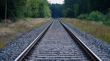 Poster - Beautiful perspective of a railway track leading through a lush green landscape under a clear blue sky : Generative AI