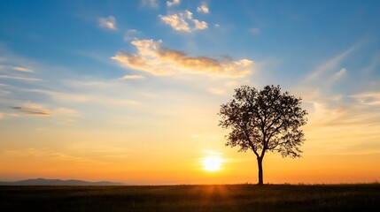 Poster - Solitary Tree at Sunset Against a Beautiful Sky Embracing Nature's Magic : Generative AI