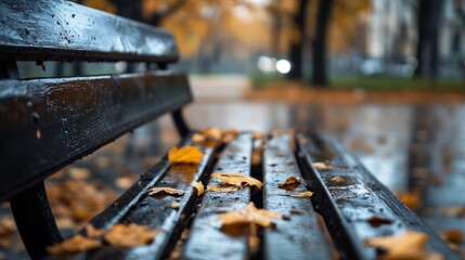 Poster - Serene Park Bench Covered with Autumn Leaves in a Rainy Urban Environment : Generative AI