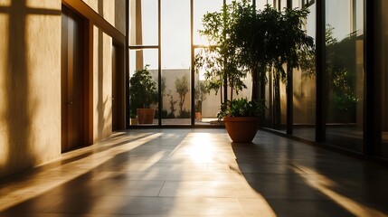 Poster - Inviting indoor space filled with natural light showcasing plants and shadows in a modern serene environment : Generative AI