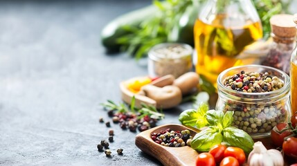 Aufkleber - Variety of spices oils and fresh vegetables arranged on dark textured surface for cooking and gastronomy : Generative AI