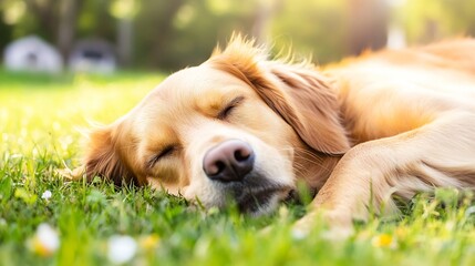 Aufkleber - Golden Retriever Dog Sleeping Peacefully on Green Grass in Sunlight : Generative AI