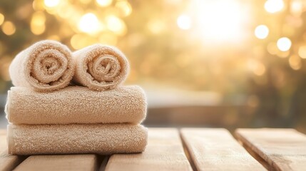 Aufkleber - Stack of neatly rolled towels in sunlight on a wooden surface for home relaxation and wellness : Generative AI