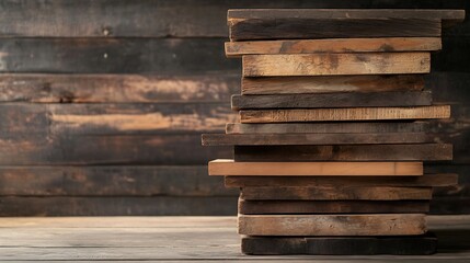 Poster - Stack of Rustic Wooden Planks Against a Textured Dark Wall for Craft and Design : Generative AI