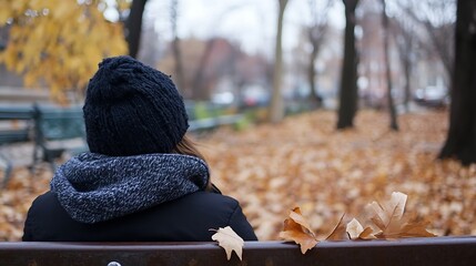 Poster - Person sitting on a park bench surrounded by autumn leaves reflecting on a peaceful day : Generative AI