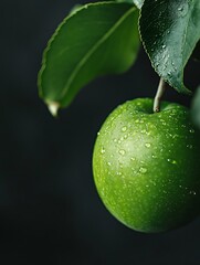 Poster - Fresh Green Apple Hanging on a Branch with Dew Drops Against a Dark Background Evoking Nature's Beauty : Generative AI