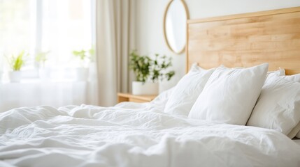 Poster - Serene Bedroom with Wooden Headboard and Fresh White Bedding Amidst Thriving Indoor Plants : Generative AI