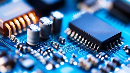 Poster - Detailed Close Up of Computer Chip and Capacitors on a Circuit Board : Generative AI