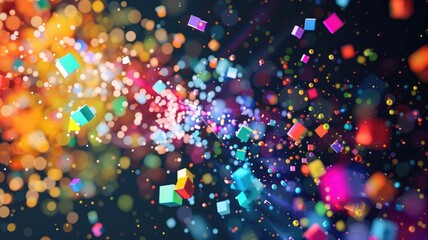 Poster - Abstract explosion with bright particles and dynamic motion. Digital art for design with vibrant color pigment explosion scene with black background. Vibrant colors and energetic elements. AIG53.