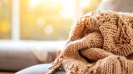 Aufkleber - Warm Beige Knitted Blanket Draped Comfortably on a Sofa Bathed in Soft Natural Light : Generative AI