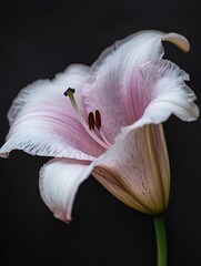 Poster - Beautiful delicate pink lily flower captured against a dark background showcasing its intricate petals and structure : Generative AI