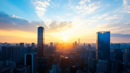 Poster - Stunning city skyline at sunset with buildings against vibrant sky : Generative AI