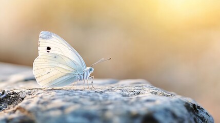 Aufkleber - Delicate white butterfly resting on a rock with a soft blurred background in pastel hues : Generative AI