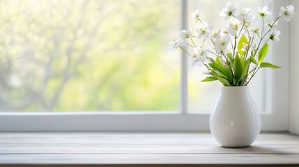 Leinwandbilder - Elegant Vase Filled with Fresh White Flowers and Lush Green Leaves on a Bright Sunny Day : Generative AI