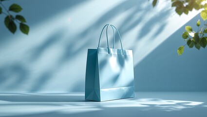 Poster - Elegant blue shopping bag placed on a sunlit surface with soft shadows from leaves in a serene environment