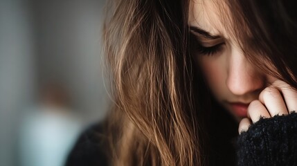 Aufkleber - Emotional Portrait of a Young Woman with Long Brown Hair in a Cozy Sweater Reflecting Calming Mood : Generative AI