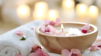 Aufkleber - Wooden Bowl Filled with Water Candle and Rose Petals for a Spa Experience : Generative AI