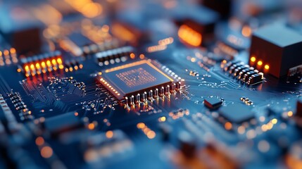 Aufkleber - Bright Circuit Board Close Up with Illuminated Components and Chip : Generative AI