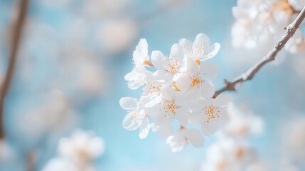 Poster - Delicate white cherry blossoms in full bloom against a soft blue backdrop bringing a sense of calm and beauty : Generative AI