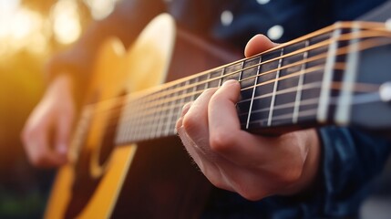 Aufkleber - Closeup of a musician's hands skillfully strumming an acoustic guitar string in a lively outdoor setting : Generative AI