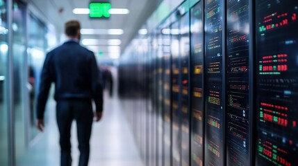 Fototapete - Person walking in a technologydriven server room with data screens in a modern office : Generative AI