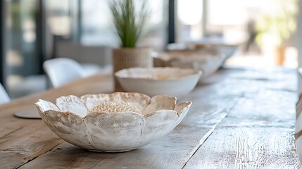 Leinwandbilder - Beautifully Crafted Ceramic Bowl Centerpiece on a Rustic Dining Table with Natural Light : Generative AI