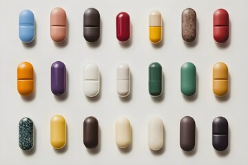 Wall Mural - Different shapes and colors of tablets and pills, reflecting diversity in modern healing approaches