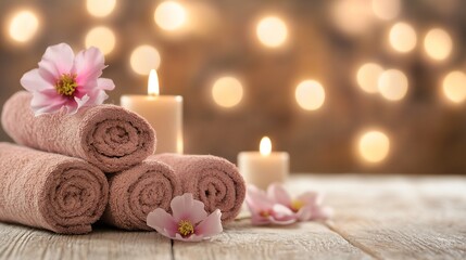 Poster - Elegant Spa Day Arrangement With Rolled Towels Flowers And Candles : Generative AI