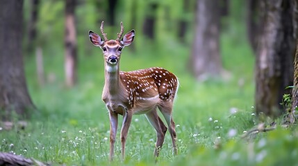 Poster - Elegant Fallow Deer Standing Gracefully in a Lush Green Forest Environment : Generative AI