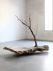 Aufkleber - Artistic representation of a bare tree branch on a large slab within a minimalist interior space : Generative AI