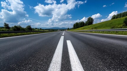 Aufkleber - Scenic View of an Open Road Under a Bright Blue Sky with White Clouds : Generative AI