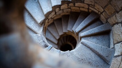 Aufkleber - Spiral stone staircase creating a mesmerizing downward view offering a unique architectural perspective : Generative AI