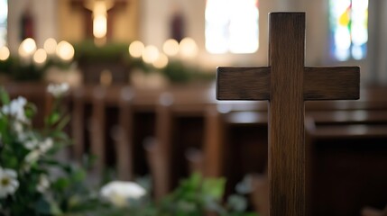 Aufkleber - A wooden cross stands prominently in a serene church interior surrounded by soft lighting and greenery : Generative AI