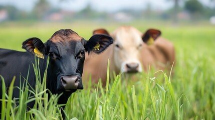 Poster - Two Beautiful Cows Grazing in a Lush Green Field Captured in Daylight : Generative AI