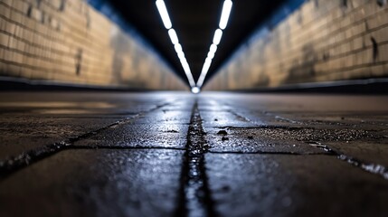 Aufkleber - Perspective view of an empty tunnel with lighting on the ceiling creating an intriguing atmosphere : Generative AI