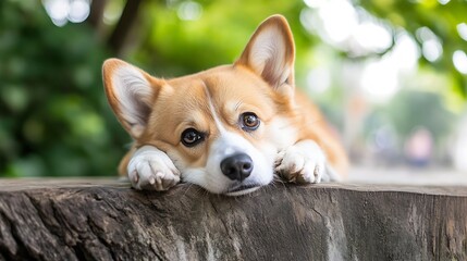 Poster - Adorable corgi dog resting its head on a wooden board with blurred green foliage in the background : Generative AI