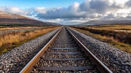 Aufkleber - Endless railway tracks stretching into the horizon under dramatic clouds in picturesque Scottish countryside landscape : Generative AI