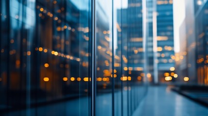Poster - Modern urban architecture showcasing glass buildings with vibrant city lights during twilight : Generative AI