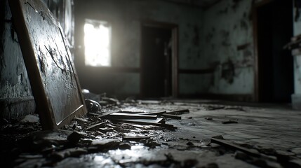 Aufkleber - Haunting Interior of an Abandoned Room with Broken Furniture and Decaying Walls : Generative AI