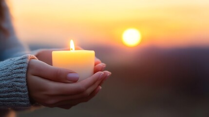 Poster - Candle in Hands at Sunset with Bright Sun Orb Creating a Beautiful Serene Evening Scene : Generative AI