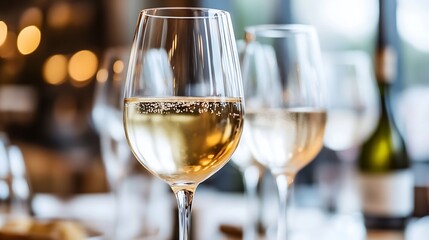 Poster - Elegant white wine glasses filled with bubbly wine against a blurred warm restaurant backdrop : Generative AI