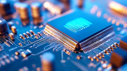 Fototapete - Close up view of a high performance computer chip embedded in a circuit board : Generative AI