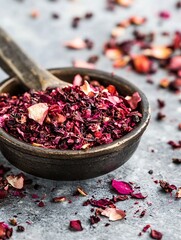Poster - Vibrant dried rose petals placed in a rustic bowl showcasing a rich texture and colorful appearance : Generative AI