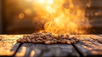 Poster - Freshly roasted coffee beans releasing a warm steam against a rustic wooden backdrop with a golden glow : Generative AI