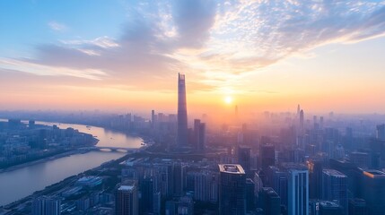 Aufkleber - Stunning city skyline view during sunset with soft clouds and river : Generative AI