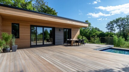 Poster - Modern Wooden House with Open Deck Overlooking Lush Green Surroundings Under Clear Blue Sky : Generative AI