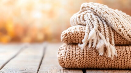 Aufkleber - Stylized Knitted Throws Stacked Neatly on a Rustic Wooden Surface with a Soft Bokeh Background : Generative AI