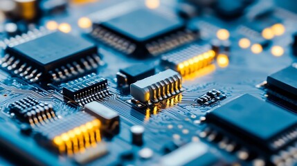 Fototapete - Close up view of a complex circuit board featuring microchips and glowing components illustrating technology innovation : Generative AI