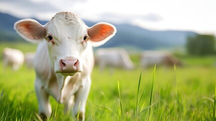 Poster - Cute white calf curiously looking towards the camera in a lush green pasture field : Generative AI