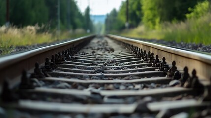 Poster - Closeup view of railway tracks with stones and greenery surrounding the rustic path : Generative AI